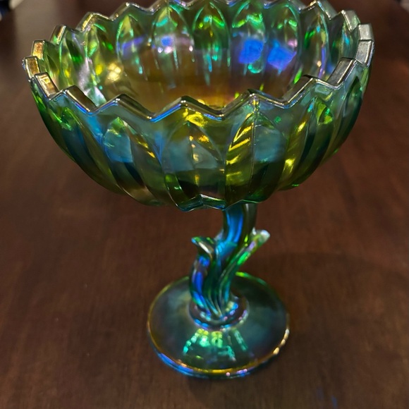 Vintage Iridescent Carnival Glass Compote Dish – Green/Blue Pedestal Bowl - Picture 3 of 5